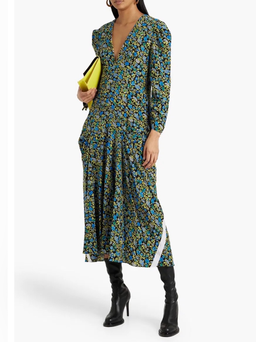 NWT VICTORIA BECKHAM Pleated Floral-Print Silk Crepe De Chine Midi Dress